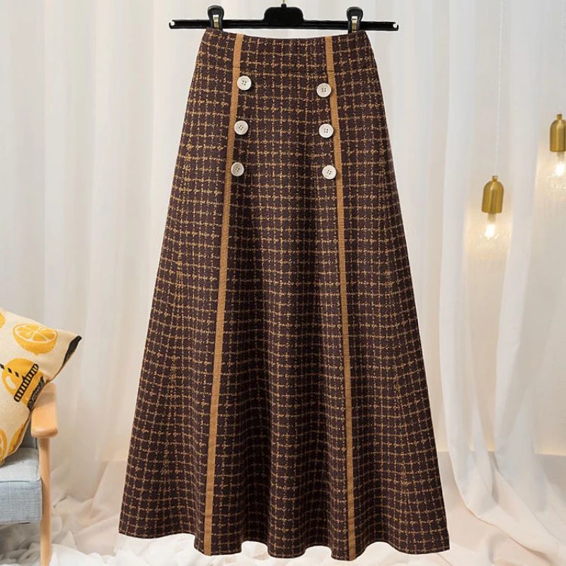 Top Trends: Autumn And Winter Women&#039;s Checkered Knitted Pleated High Waist A-Line Button Midi Fashion Vintage Elegant Office Lady Skirt Shoppable Styles