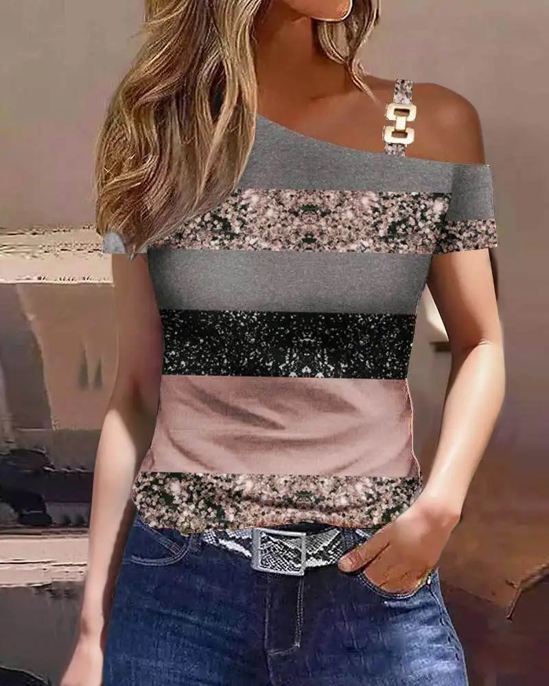 Top Trends: Top Women 2023 Summer Fashion Simple Metal Buckle Oblique Collar Casual Short-Sleeved Printed T-Shirt Top Y2K Clothes Shoppable Styles