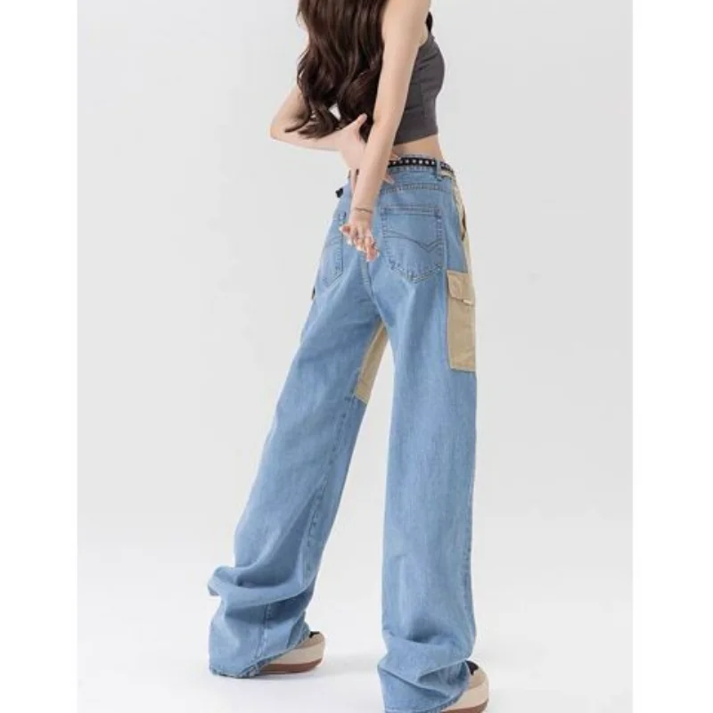 Top Trends: American Fashion Spicy Girls Contrast Color Wide Leg Jeans Women's 2023 Summer Thin Design Button Pockets Zipper Straight Pants Shoppable Styles - Image 2