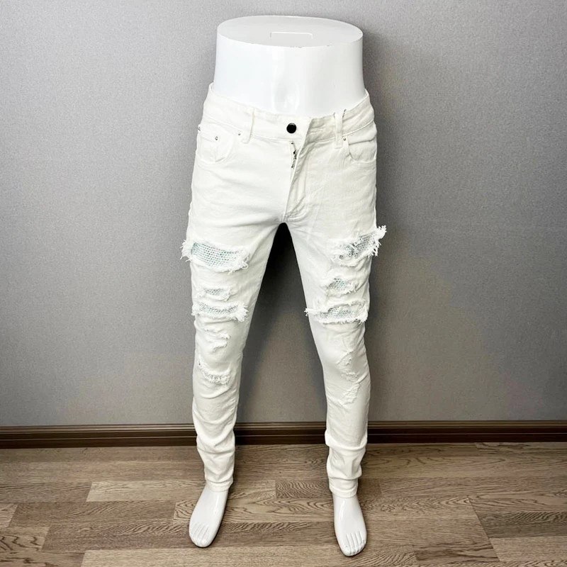 Top Trends: Fashion Designer Men Jeans White Color Stretch Elastic Slim Fit Ripped Jeans Men Streetwear Patched Hip Hop Brand Pants Hombre Shoppable Styles