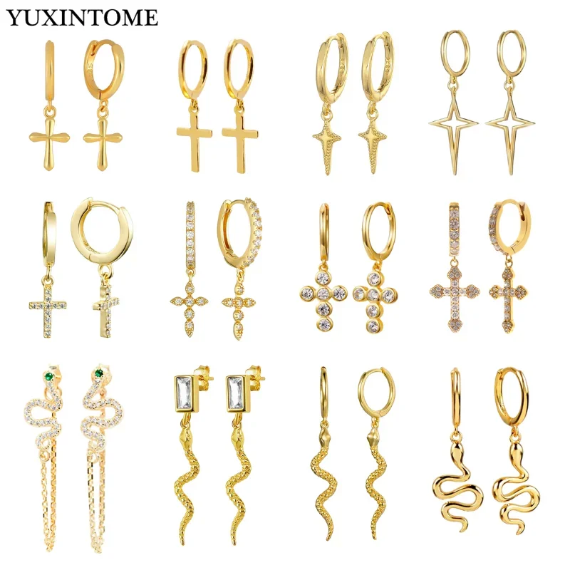 Top Trends: 925 Sterling Silver Ear Needle Cross / Snake Pendant Hoop Gold Earrings For Women Punk Trend Earrings Fashion Party Jewelry Gifts Shoppable Styles