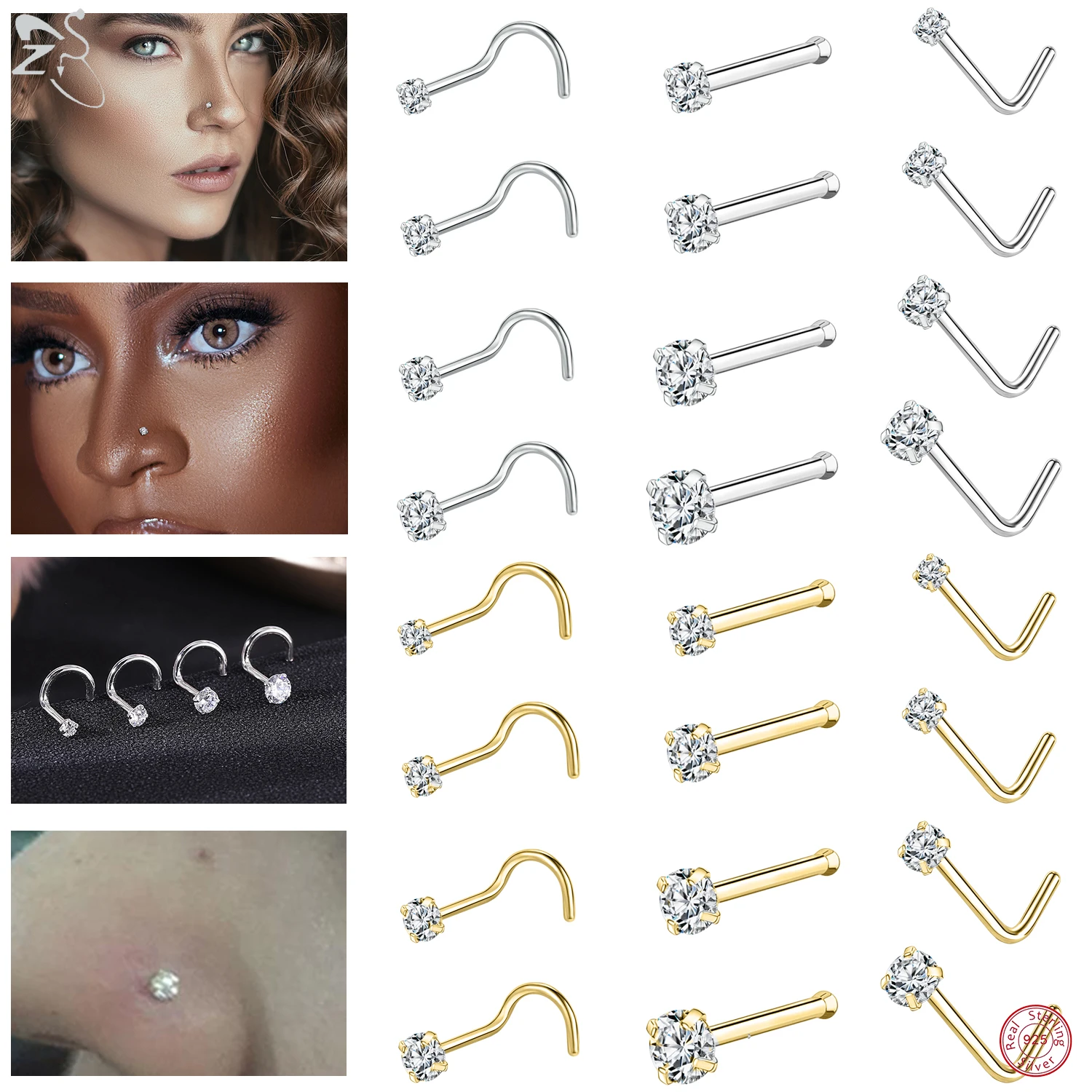 Top Trends: ZS 1PC 18 / 20G Colorful CZ Crystal Nose Stud 925 Silver Nose Piercing Screw S-Shape Retainer Nostril Piercing Jewelry 2-3.5MM Shoppable Styles