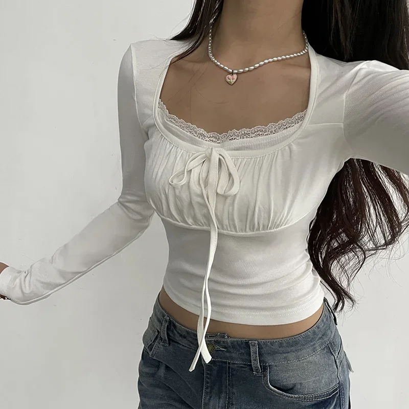 Top Trends: Korean White Lace Patched Female T-shirt Slim Basic Sweet Folds Autumn Tee Cute Top Coquette Clothes Front Tie-Up Y2K Shoppable Styles - Image 3