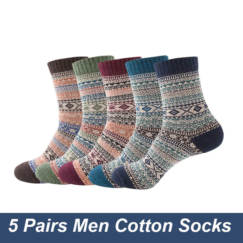 Top Trends: 5 Pairs / Lot Autumn And Winter High Quality Men's Wool Socks Thickened Warm Breathable Soft Vintage Striped Midtube Socks EU38-43 Shoppable Styles