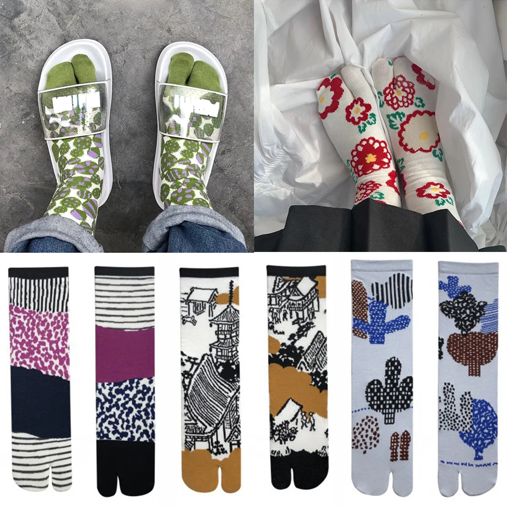 Top Trends: Women Cartoon Combed Cotton Two Toe Socks Japanese Multicolor Jacquard Split Toe Socks Flowers Art Cute Middle Tube Tabi Sock Shoppable Styles