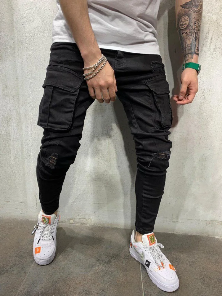 Top Trends: Fashion Mens Stretchy Skinny Jeans Male Casual Streetwear Jogger Pants Jeans High Street Multiple Pockets Slim Fit Denim Pants Shoppable Styles