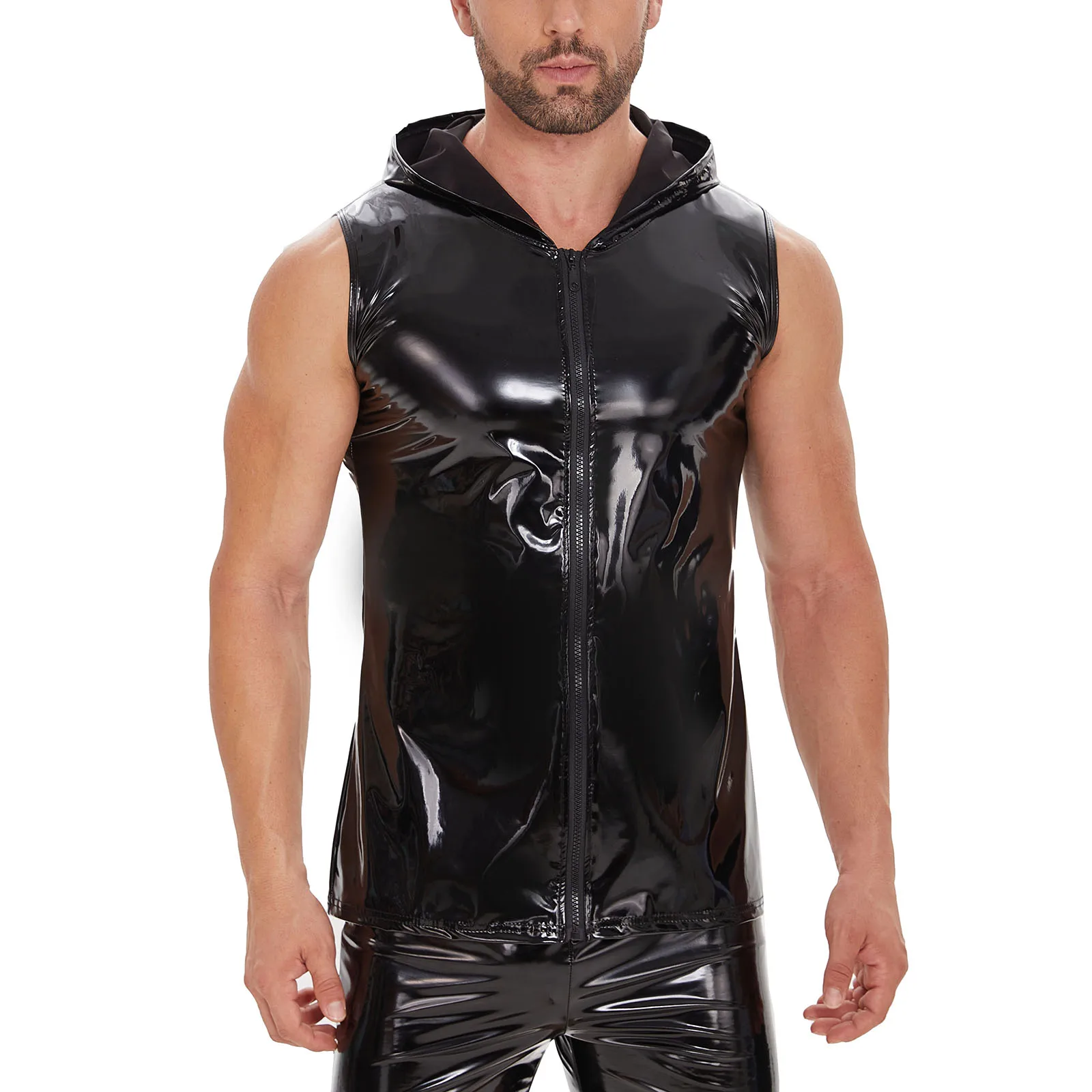 Top Trends: Plus Size Mens Shiny Leather Tank Top Full Zipper Glossy PVC Leather Hoodies T-Shirts Sleeveless Wetlook Latex V-Neck Vest Shoppable Styles