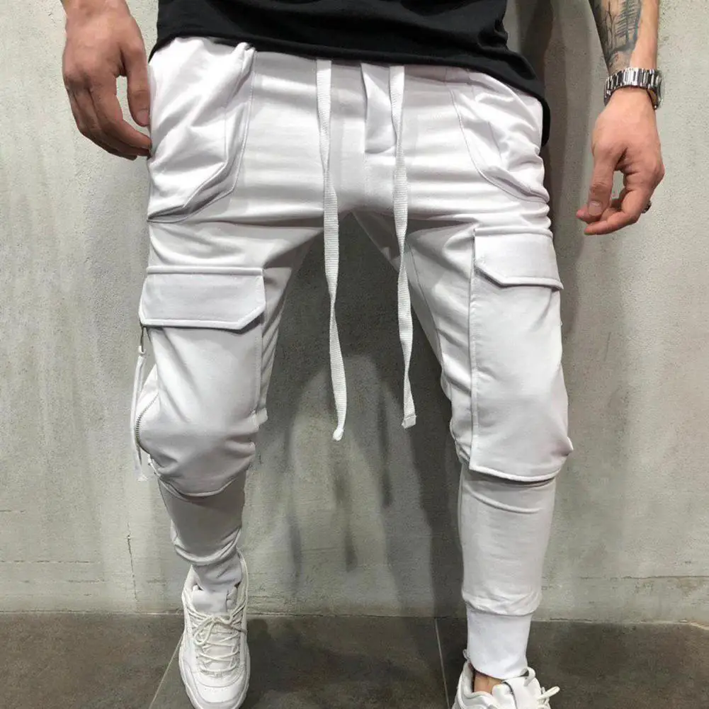 Top Trends: Multi Pockets Elastic Waist Training Trousers Ribbed Ankle Solid Color Drawstring Men Cargo Pants Workwear Shoppable Styles