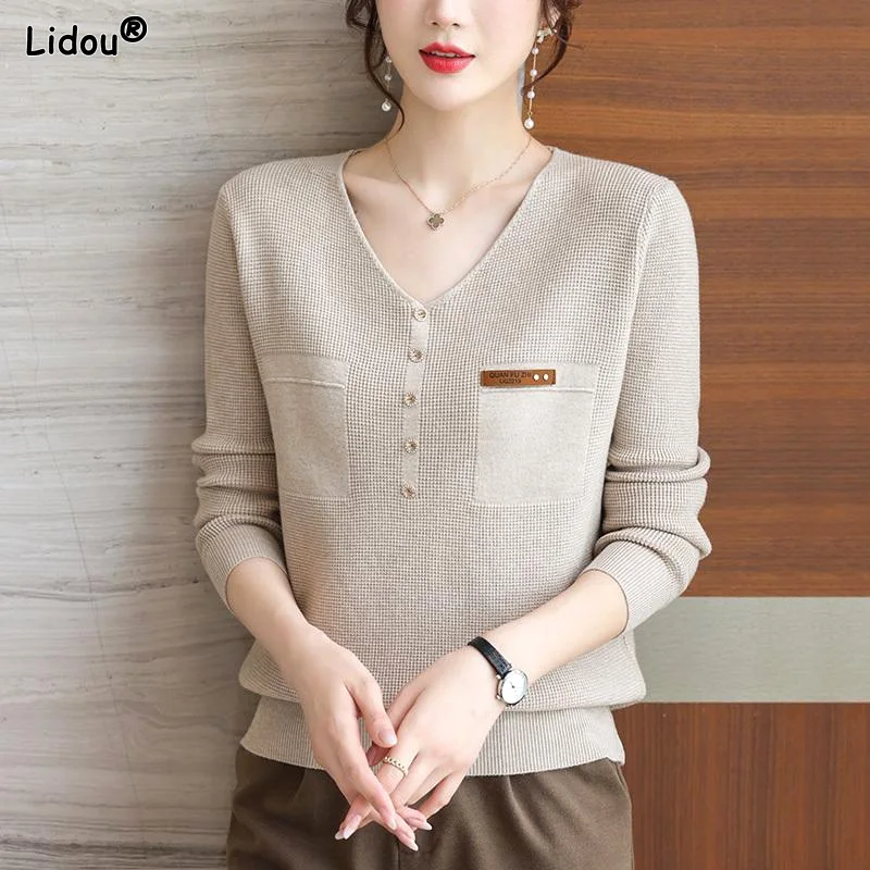 Top Trends: 2022 Women&#039;s Clothing Loose Solid T-Shirts Casual Pockets Button V-neck Temperament Bottoming Autumn Winter Thin Office Lady Shoppable Styles