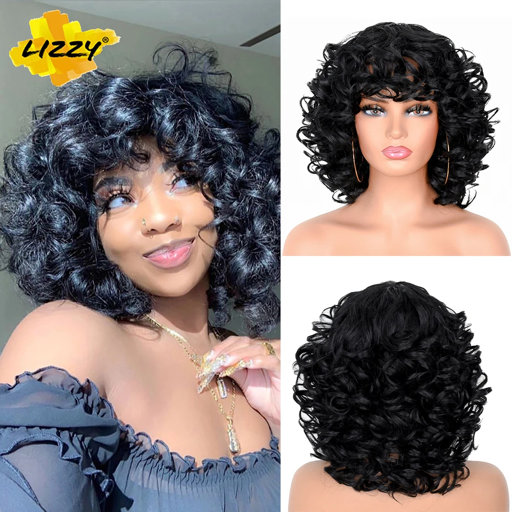 Top Trends: Short Hair Afro Curly Wig With Bangs Loose Synthetic Cosplay Fluffy Shoulder Length Natural Wigs For Black Women Dark Brown 14 Shoppable Styles