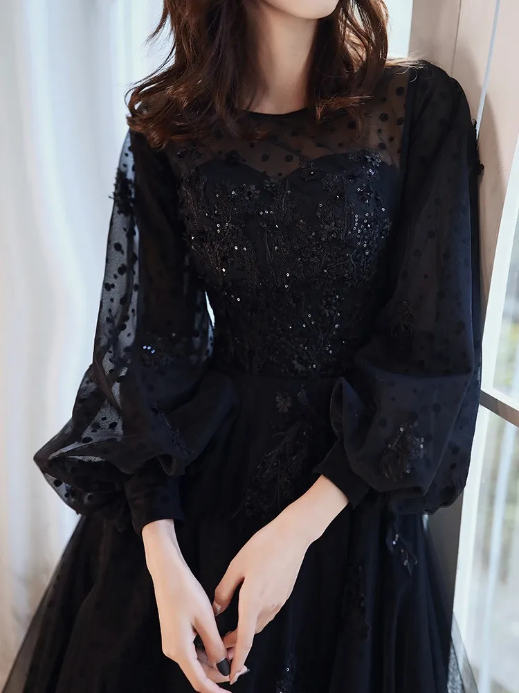 Top Trends: Elegant Black Long Sleeve Evening Dresses Luxury Appliques A-Line Floor-Length Tulle Women Prom Gowns 2022 Shoppable Styles