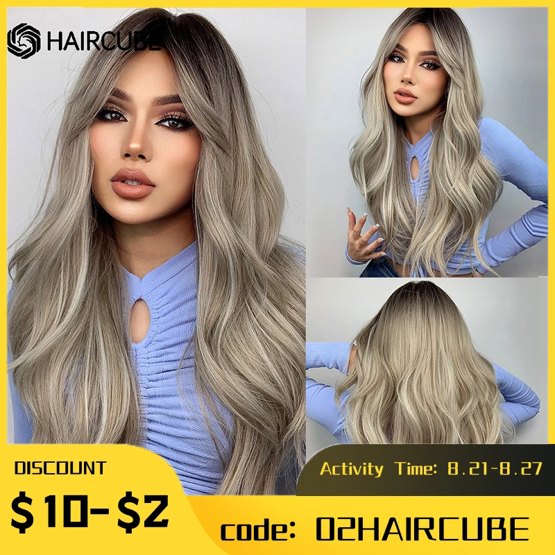 Top Trends: HAIRCUBE Long Wavy Black Brown Gray Ombre Synthetic Wig With Bangs Cosplay Daily Natural Wig For Women Heat Resistant Hair Shoppable Styles