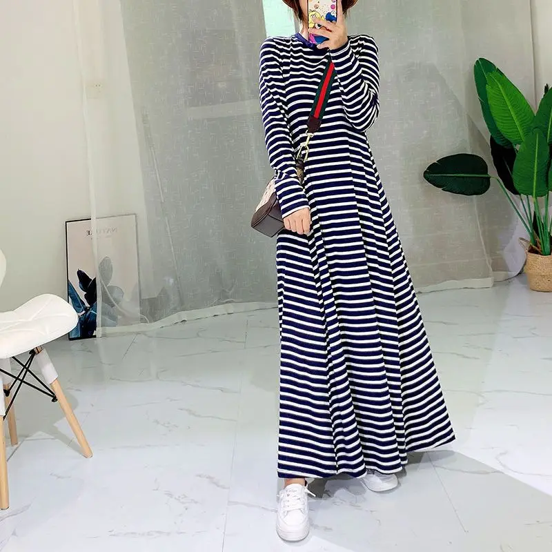 Top Trends: Spring Autumn New Striped Loose Plus Size Long Dress O-Neck Long Sleeve All-match Casual Dresses Vintage Fashion Women Clothing Shoppable Styles