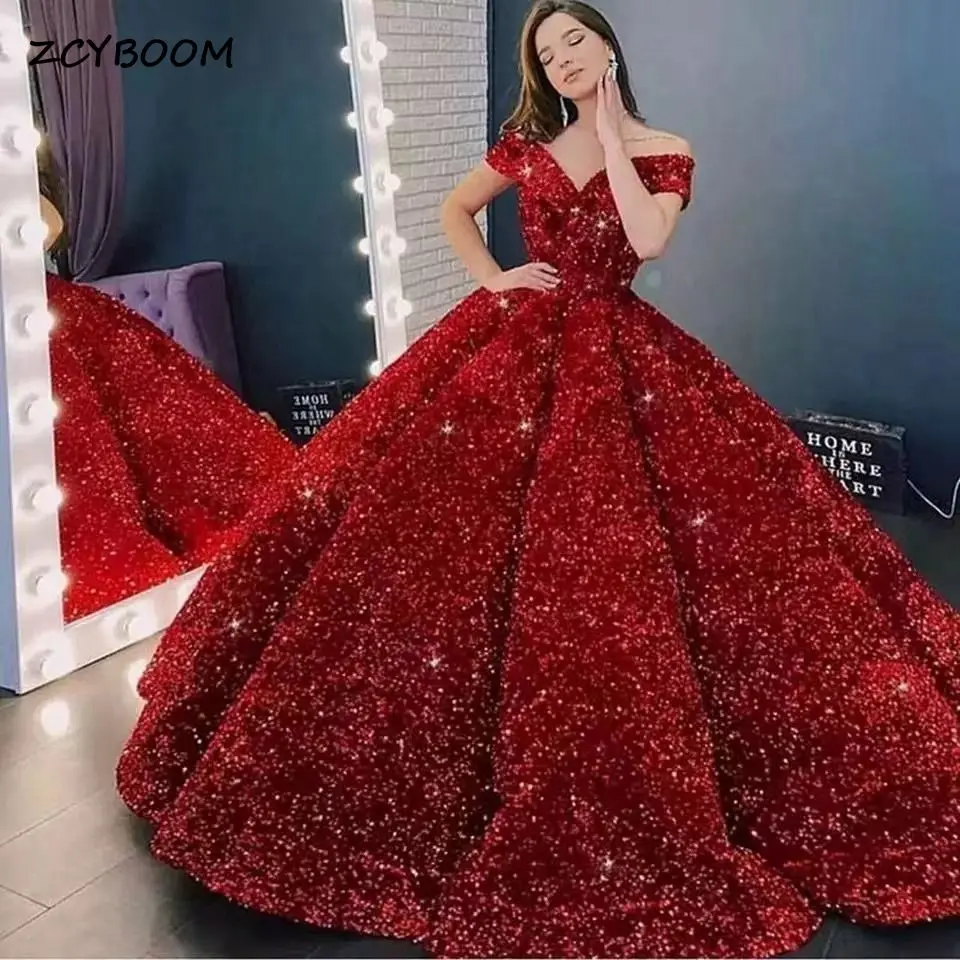 Top Trends: Luxury Sparkly Red Ball Gown Quinceanera Dresses 2023 Off Shoulder Shiny Sequined Sweetheart Party Prom Gown Vestidos De 15 Años Shoppable Styles