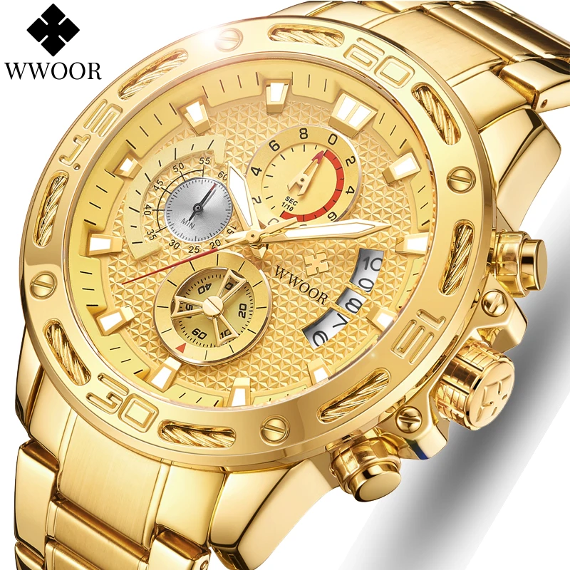 Top Trends: WWOOR Mens Watches Top Brand Fashion Luxury Gold Stainless Steel Quartz Watch Men Waterproof Sport Chronograph Relogio Masculino Shoppable Styles