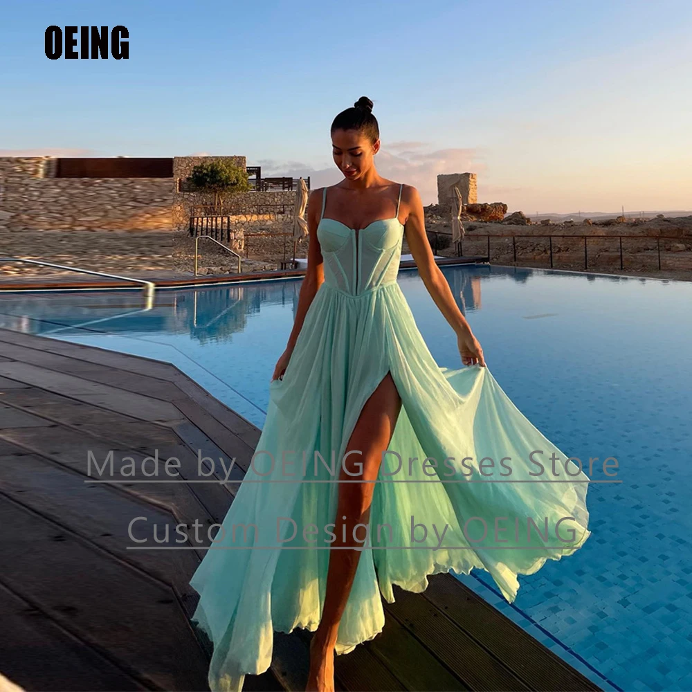 Top Trends: OEING Elegant Green Chiffon A Line Side Slit Formal Evening Dresses Spaghetti Straps Arabic Dubai Women Prom Gowns Plus Size Shoppable Styles