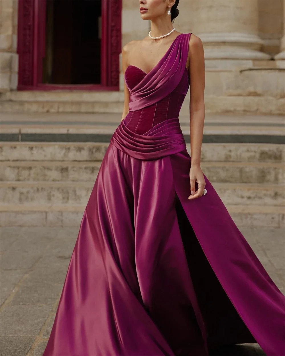 Top Trends: Exquisite One-shoulder Ball Gown Celebrity Party Fold Draped Satin Prom Dresses فساتين مناسبة حسب الطلب Vestido Festa 칵테일드레스 Shoppable Styles