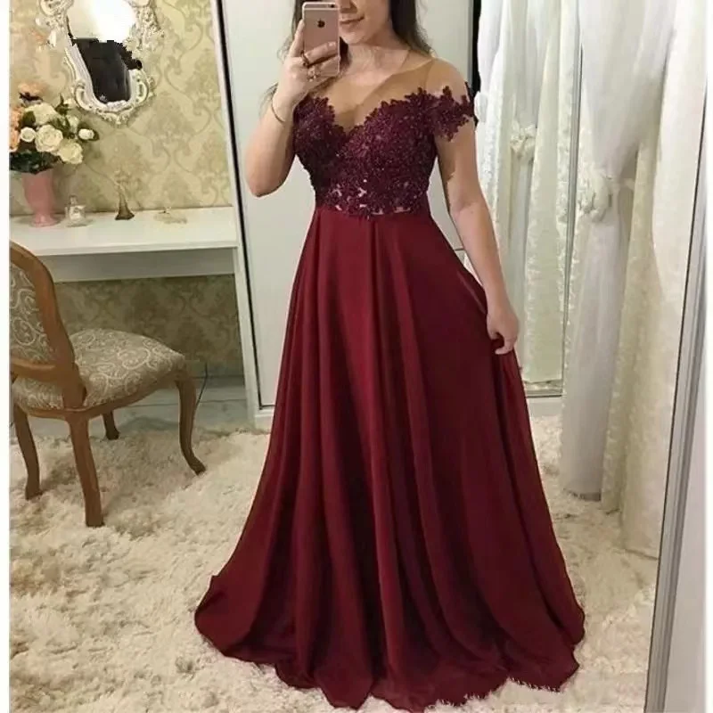 Top Trends: Burgundy Plus Size Long Evening Party Gowns Chiffon Lace Vestidos De Festa Sexy Illusion Neckline Special Occasion Prom Dress Shoppable Styles