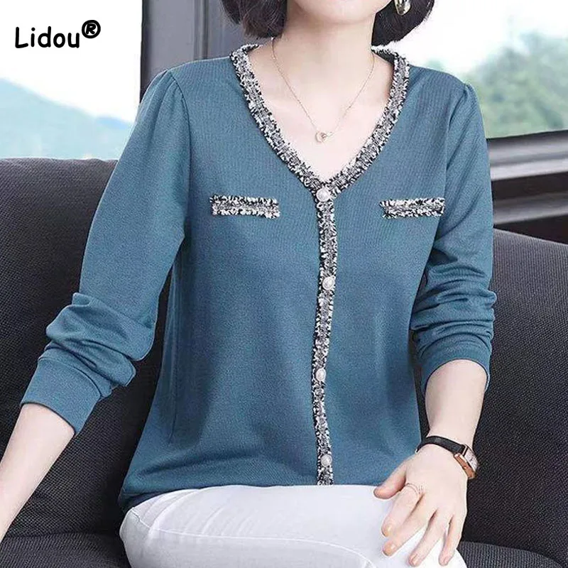 Top Trends: Fashion Elegant Bright Silk Spliced Solid Color T-shirt Women's Clothing Commute Casual V-Neck Button Pullovers Tops Spring Shoppable Styles