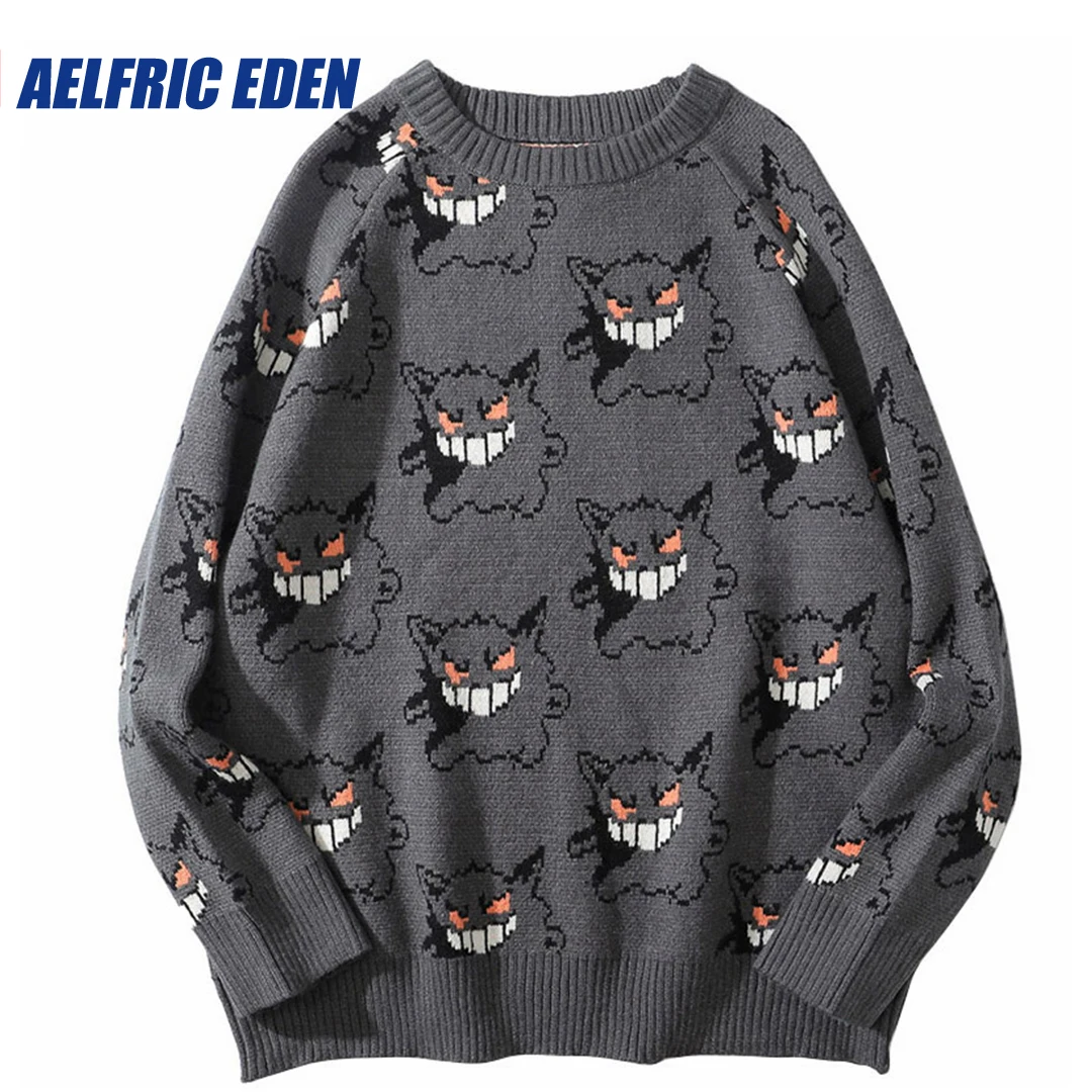 Top Trends: Aelfric Eden Men Knitted Sweater Hip Hop Streetwear Dark Style Devil Print Sweater Pullover Harajuku Cotton Loose Sweater Autumn Shoppable Styles