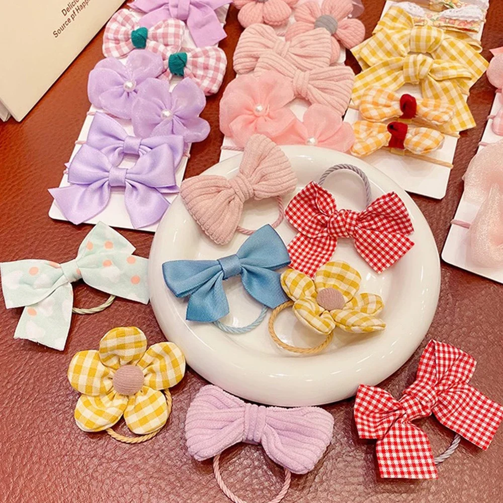 Top Trends: 10Pcs / set Cute Flower Elastic Hairband Children Cloth Bowknot Hair Ties Girls Baby Ponytail Holder Hair Bands Hair Accessories Shoppable Styles