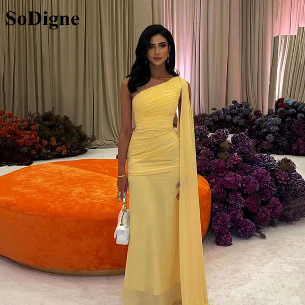 Top Trends: SoDigne Yellow Chiffon Saudi Arabia Prom Dresses One Shoulder Pleats Evening Dress Wedding Party Women&#039;s Gowns Shoppable Styles