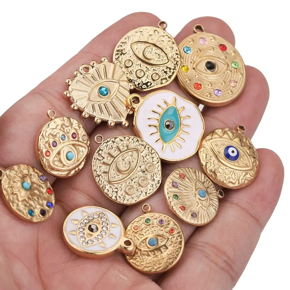 Top Trends: 5pcs Stainless Steel Gold Plated Evil Eye Stone Charms Necklace Pendant Connector For Earrings Diy Jewelry Making Supplies Bulk Shoppable Styles