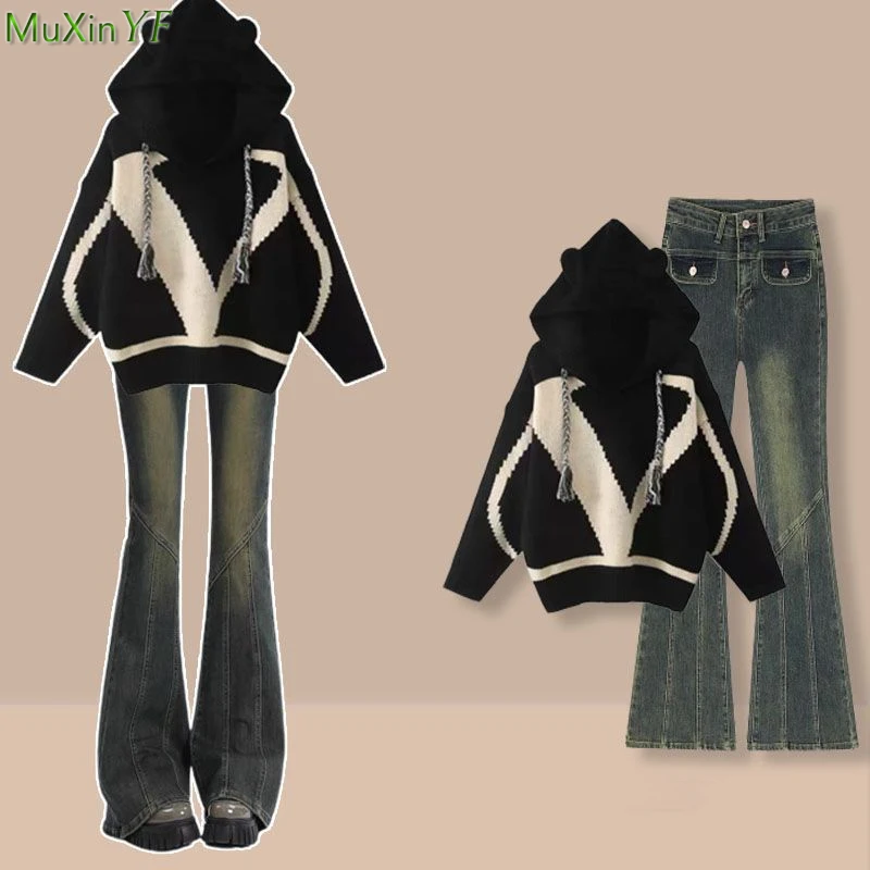 Top Trends: Women Autumn Winter Hooded Sweater Flare Denim Pants 1 Or 2 Piece Set Lady Fashion Letter Black Knit Pullover Jeans Outfits 2023 Shoppable Styles