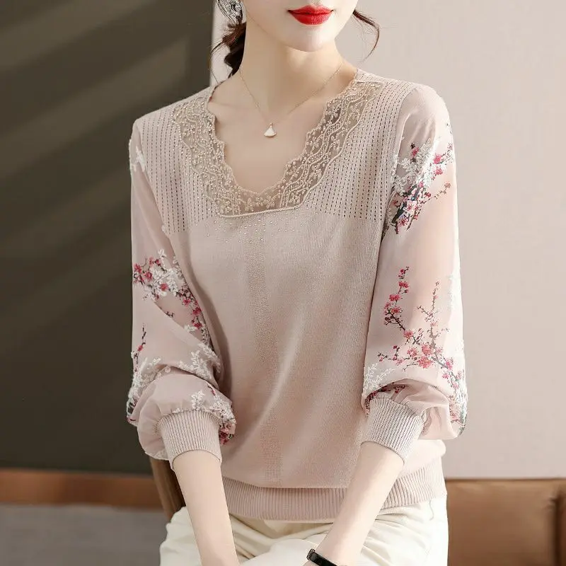 Top Trends: Female Clothing Floral Printed Shirt Casual V-Neck Spring Autumn Long Sleeve Chic Lace Hollow Out Spliced Loose Knitted Blouse Shoppable Styles