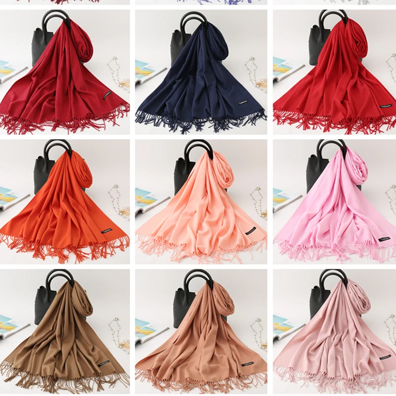 Top Trends: 2022 Winter Scarf Solid Thick Women Cashmere Scarves Neck Head Warm Hijabs Pashmina Lady Shawls And Wraps Bandana Tassel Shoppable Styles - Image 2