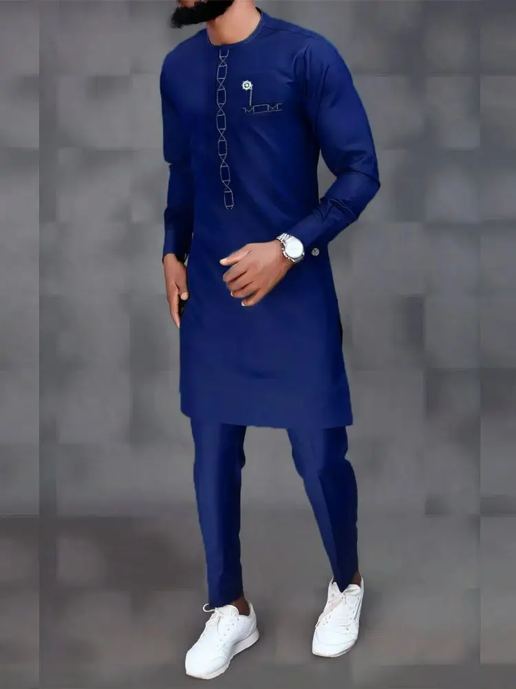 Top Trends: Blue New African Sets Long Sleeve Round Neck Solid Color Simple Shirt And Casual Pants Two-piece Men&#039;s Suit 2023 Wedding（M-4XL) Shoppable Styles