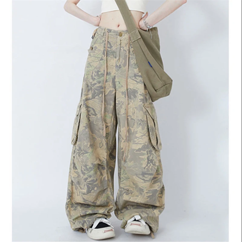 Top Trends: Women's American Retro Hip Hop Camouflage Pants Street Unisex Style Female Loose Wide Leg Drawstring Tie Design Cargo Trousers Shoppable Styles