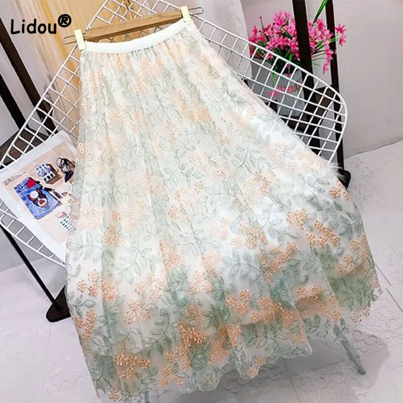 Top Trends: Summer Elegant Fashion Embroidery Spliced A-Line Skirt Women&#039;s Clothing Elastic High Waist Korean Temperament Gauze Skirt Female Shoppable Styles