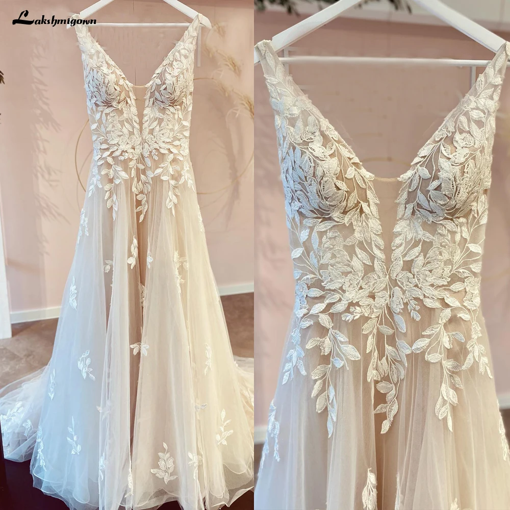 Top Trends: Lakshmigown V Neck Lace Appliques Wedding Dresses Champagne Bridal Gowns A Line Wedding Gown Estido De Noiva Praiano Shoppable Styles