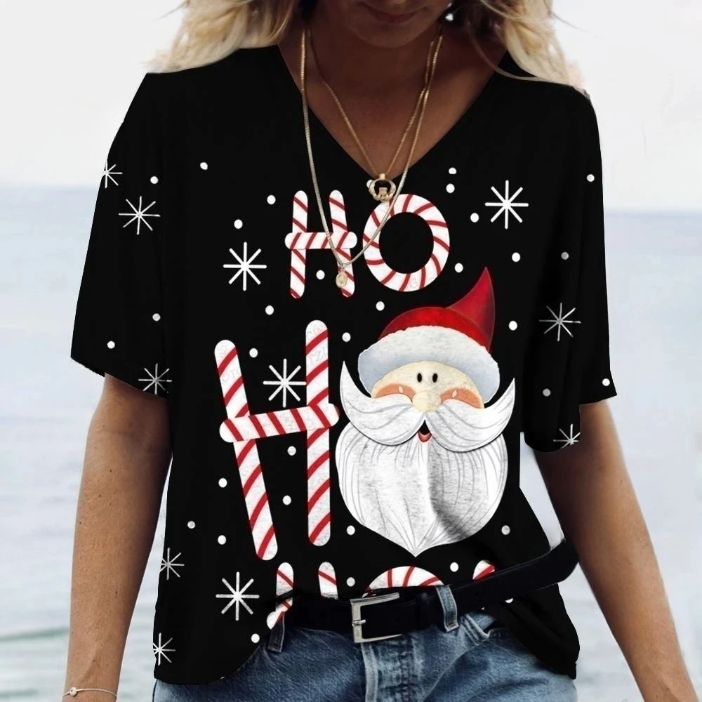 Top Trends: New Christmas Women&#039;s T-shirt Funny Santa Claus Print Clothing For Ladies V-neck Loose Short Sleeve Blouse Female Harajuku Tops Shoppable Styles