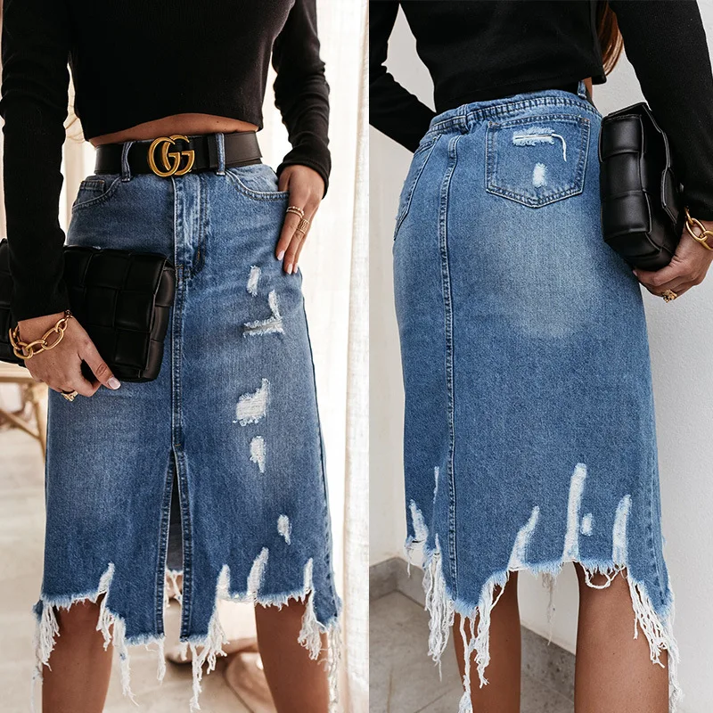 Top Trends: Knee Length Denim Skirt 2022 Fall Casual Pocket High Waist Straight Denim Skirt Washed Irregular Distressed Denim Mid Skirt Shoppable Styles