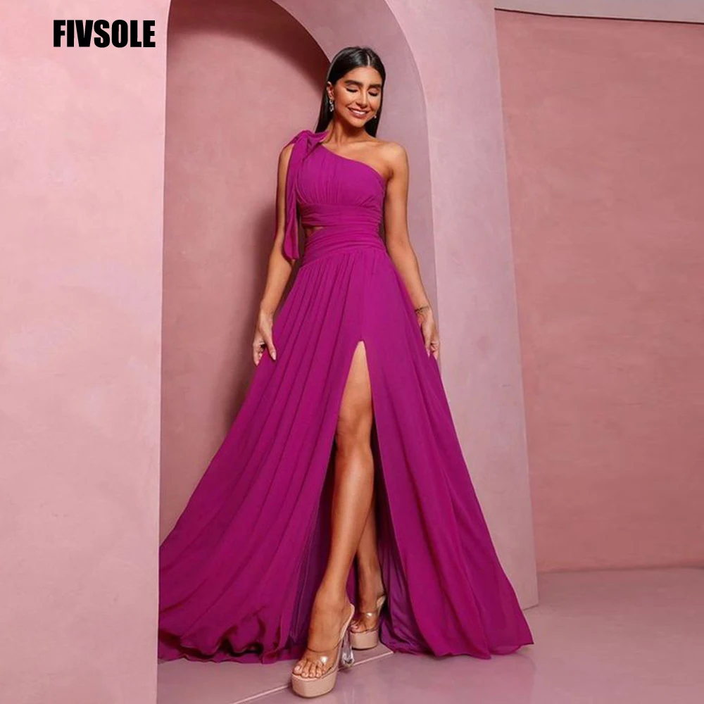 Top Trends: Fivsole Fuchsia Evening Dress One Shoulder With Bow Saudi Arabia Side Split Pleat Prom Dress Formal Party Gown Vestidos De Gala Shoppable Styles