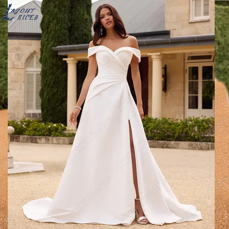 Top Trends: LAYOUT NICEB White A-Line Court Train Satin Off The Shoulder Wedding Dress 2023 Plus Size Brautkleider Robe De Mariée Split Shoppable Styles - Image 3