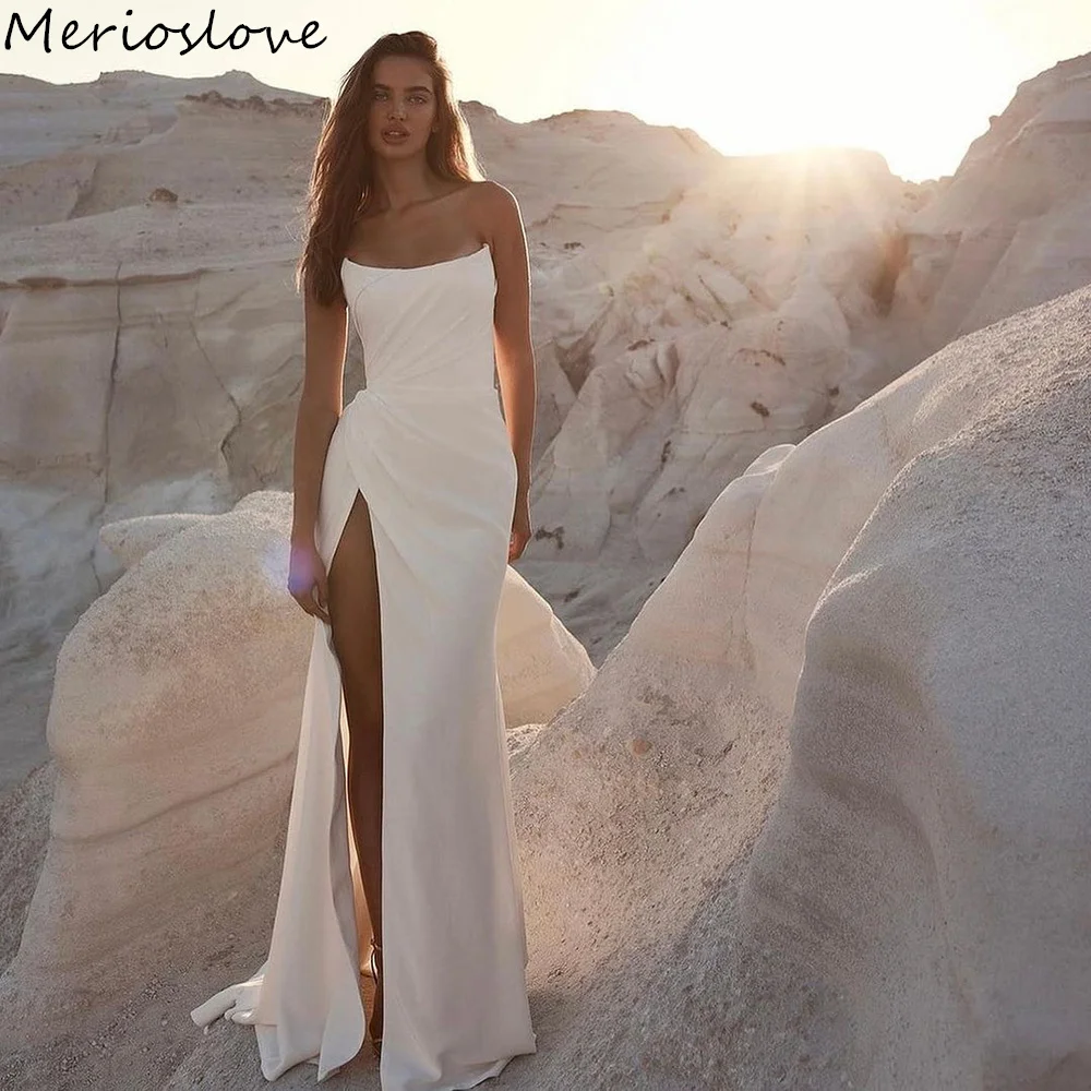 Top Trends: Merioslove Simple Soft Satin Mermaid Wedding Dresses Strapless Sleeveless Side Split Beach Bride Dress Robe De Mariée 2024 Shoppable Styles