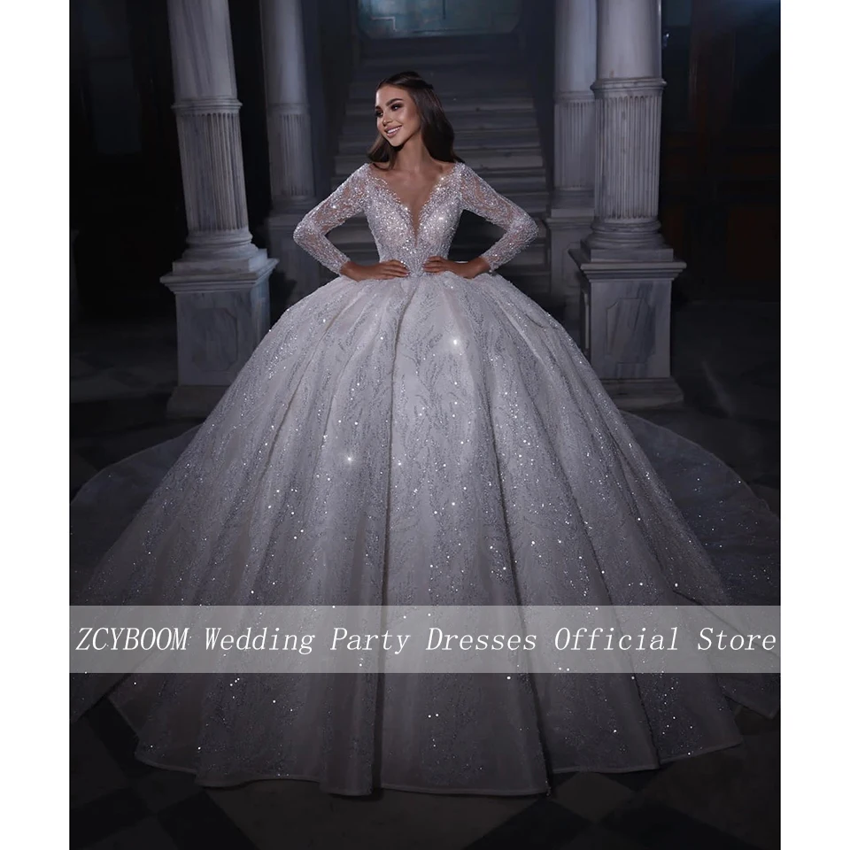 Top Trends: Luxury White Scoop Neck Sequin Full Sleeves Open Back Wedding Dress 2023 Ball Gown Floor Length Sweep Train Lace Up Bridal Gown Shoppable Styles