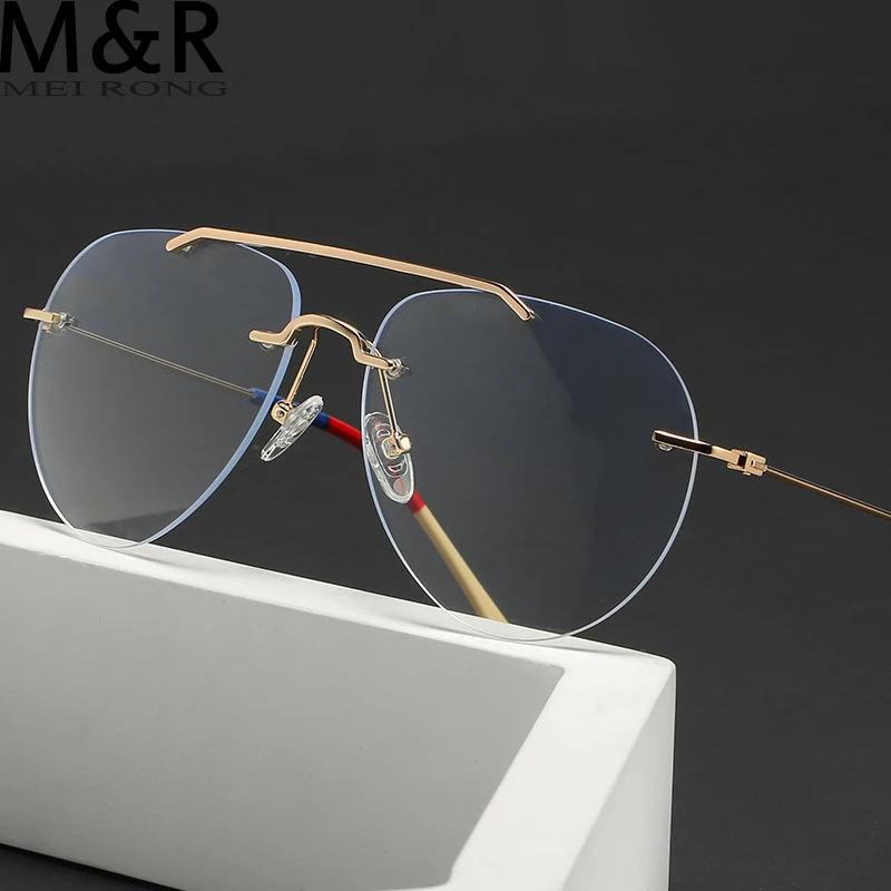 Top Trends: Double Beam Rimless Glasses For Men Women Oversized Anti Blue Light Eyeglasses Flat Mirror Optical Prescription Glasses Frame Shoppable Styles