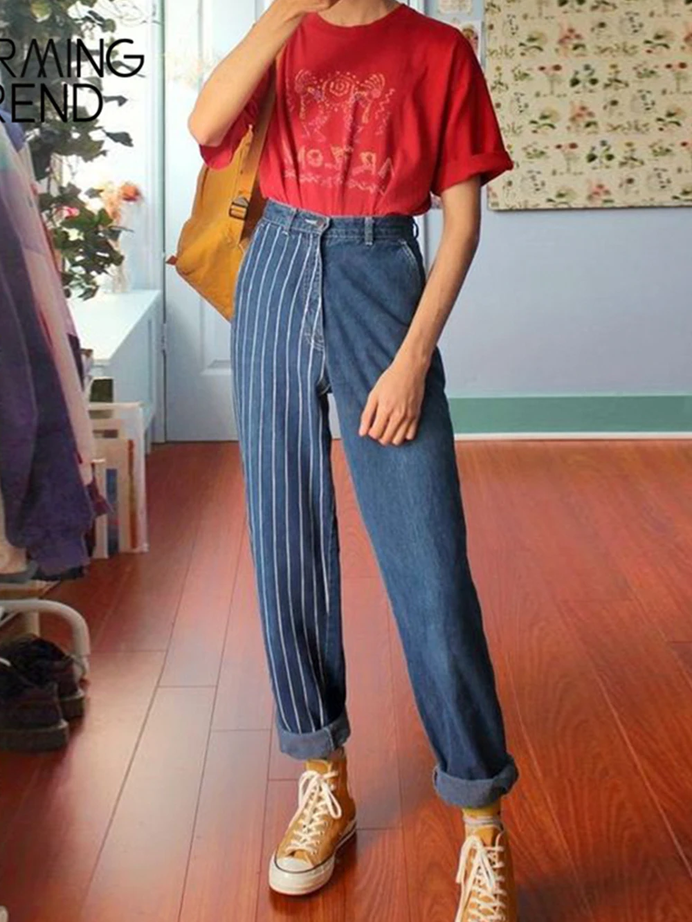 Top Trends: Charmingtrend Vintage Striped Women Jeans Trousers Straight High Waist Denim Fabric Blue Female Pants Casual Chic Girl Jeans Shoppable Styles