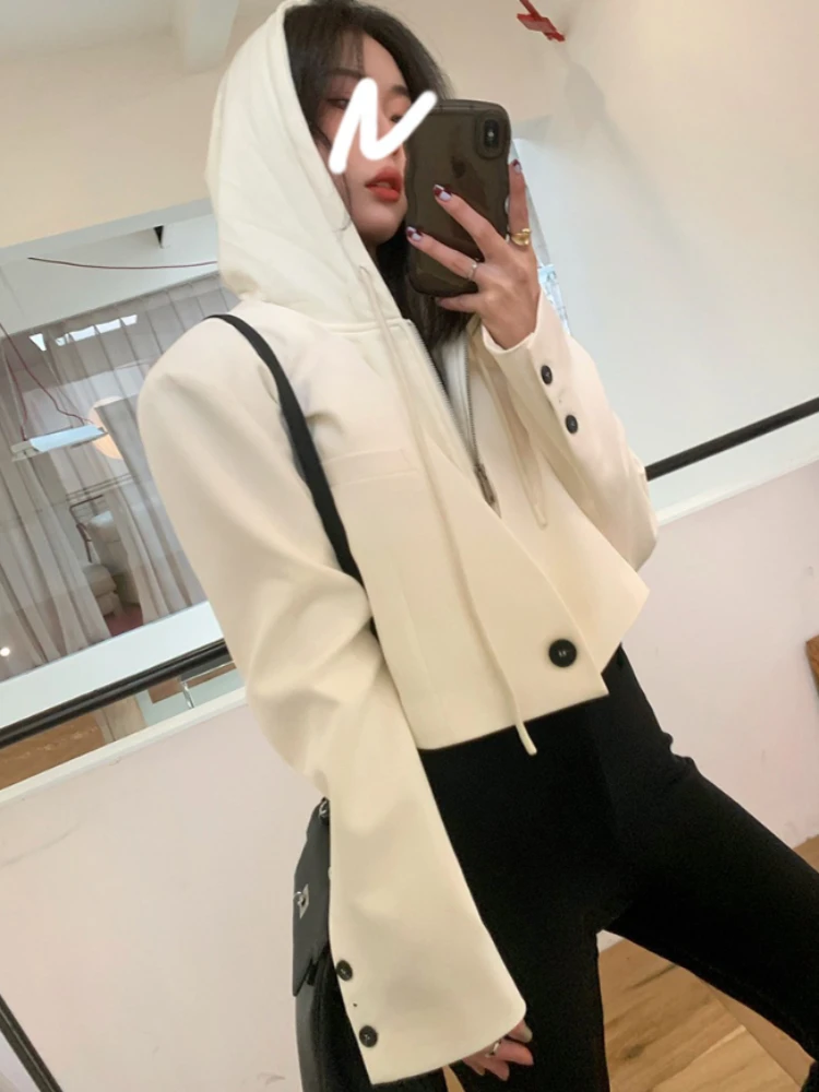 Top Trends: Korean Cropped Blazers Women False 2 Pieces Simple Single Button Outwear Hooded Teens All-match Long Sleeve Office Suit Jacket Shoppable Styles