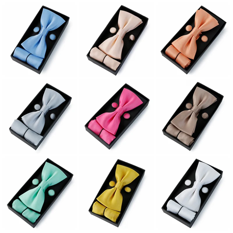 Top Trends: Men Bowtie Set Pocket Square Cufflinks For Wedding Business Party Tie Set 3pcs Gift Box Men Cufflink Handkerchief Cravat Bowknot Shoppable Styles