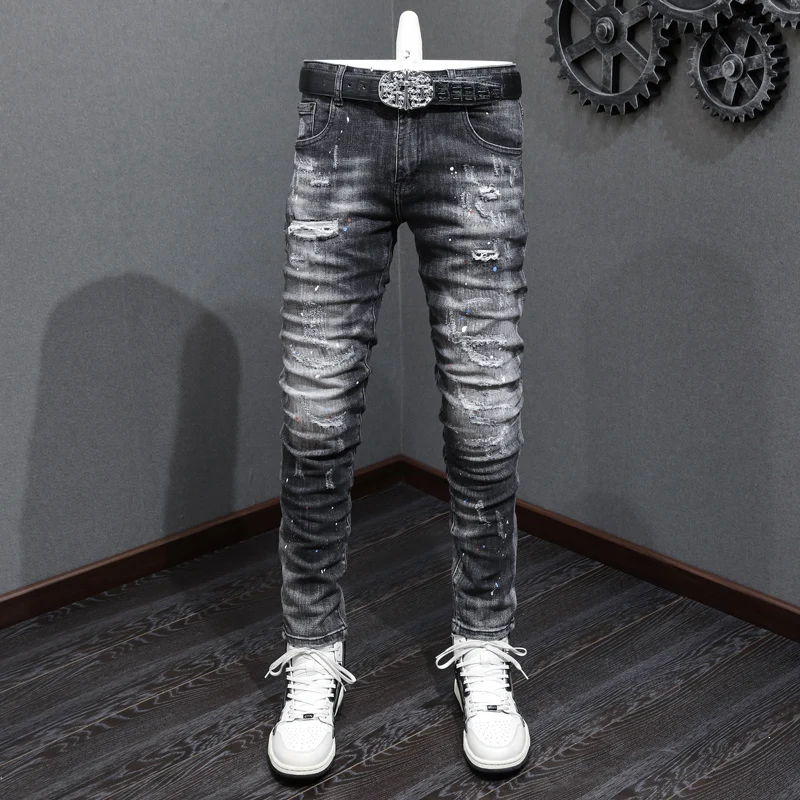 Top Trends: Street Fashion Men Jeans Retro Black Gray Elastic Slim Ripped Jeans Men Vintage Trousers Patched Painted Designer Hip Hop Pants Shoppable Styles