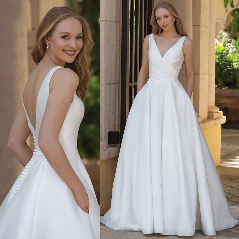 Top Trends: Challoner Simple A-Line Wedding Dresses With Pockets Classic V-Neck Sleeveless Backless Satin Bridal Gown Vestidos De Novia New Shoppable Styles