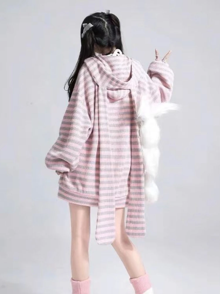 Top Trends: HOUZHOU Y2k Harajuku Kawaii Knitted Cardigan Japanese Fashion Cute Sweet Stripe Rabbit Ear Loose Zipper Coat Soft Girl 2023 Tops Shoppable Styles