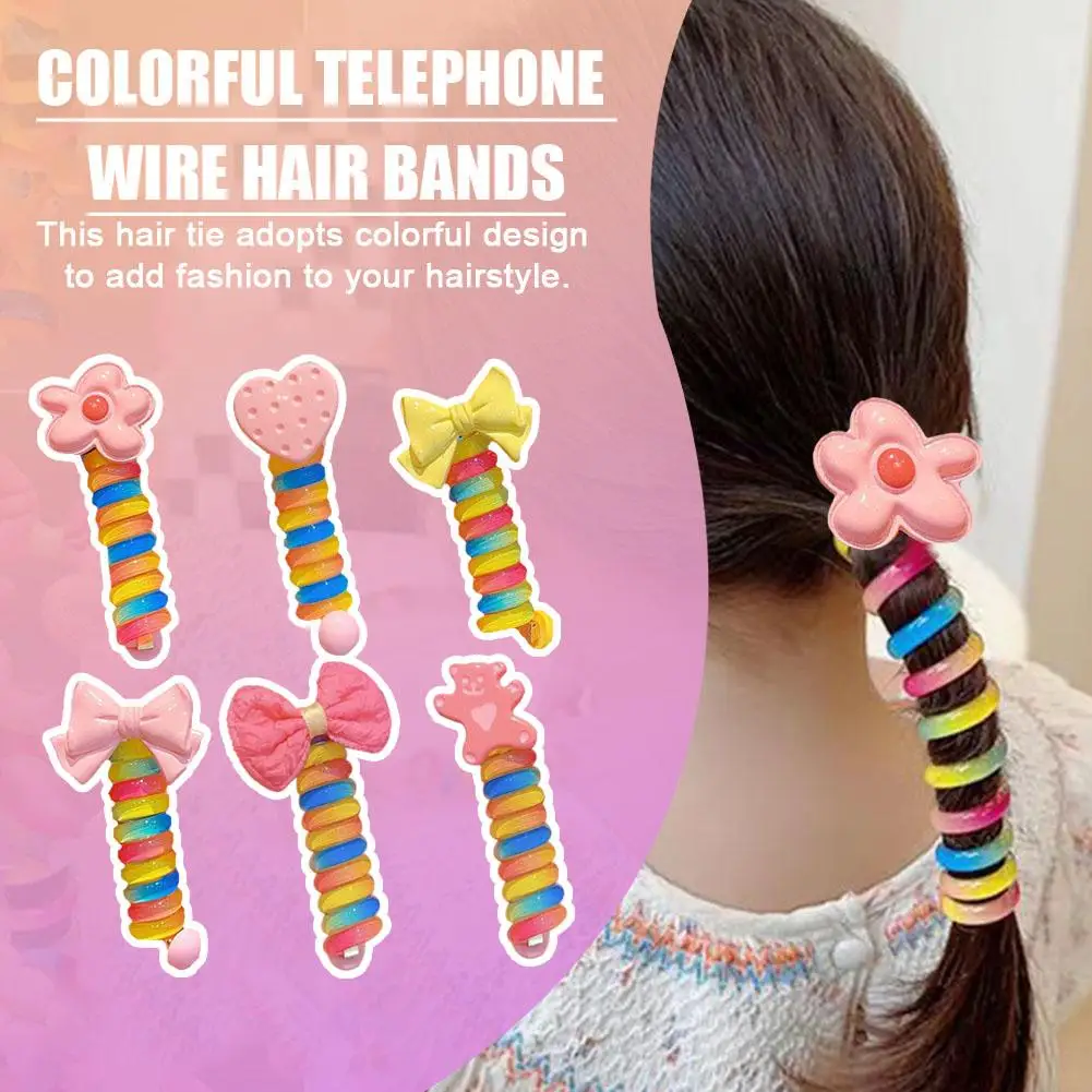 Top Trends: Colorful Bow Flower Heart Telephone Wire HairBands For Kids Elastic Scrunchie Cord Rubber Stretch HeadBand Hair Accessory Shoppable Styles - Image 3