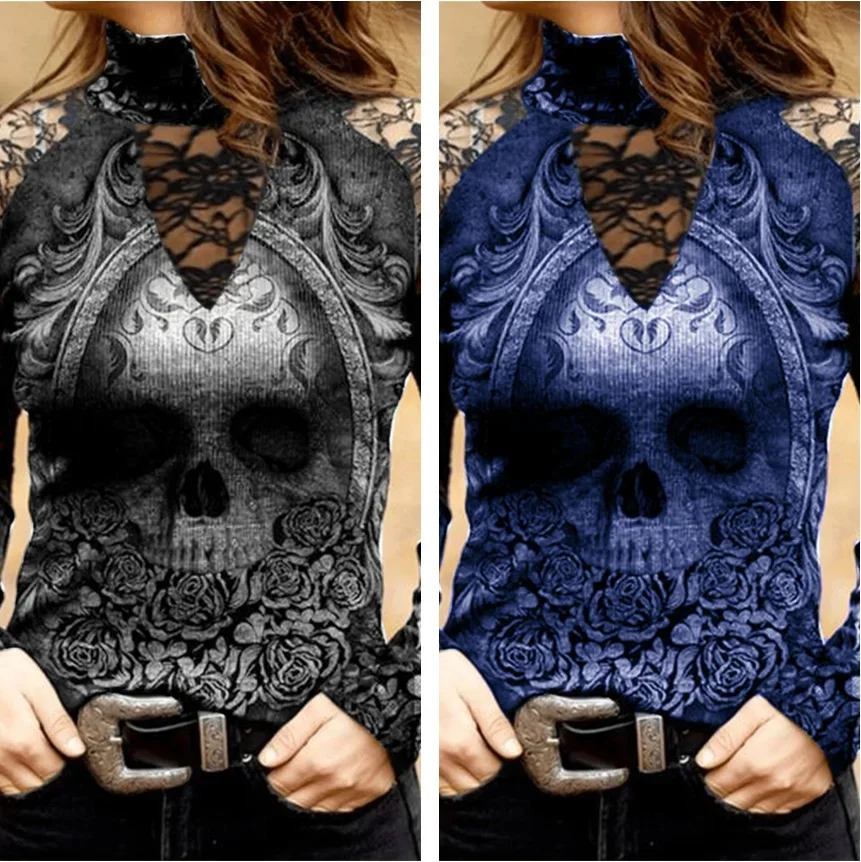 Top Trends: Cool Summer Women Fashion Turtle Neck Skull & Flower Print T-Shirt Gothic Hollow Long Sleeve Versatile Personality Y2k Lady Tops Shoppable Styles