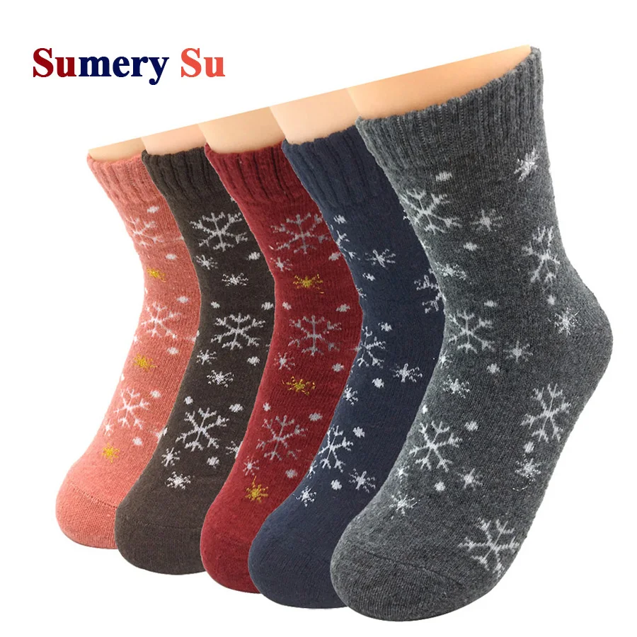 Top Trends: 5 Pairs / Lot Wool Socks Women Warm Winter Snow Flower Deer Maple Leaf Pattern Cashmere Socks Ladies Girls Christmas Gift 5 Style Shoppable Styles